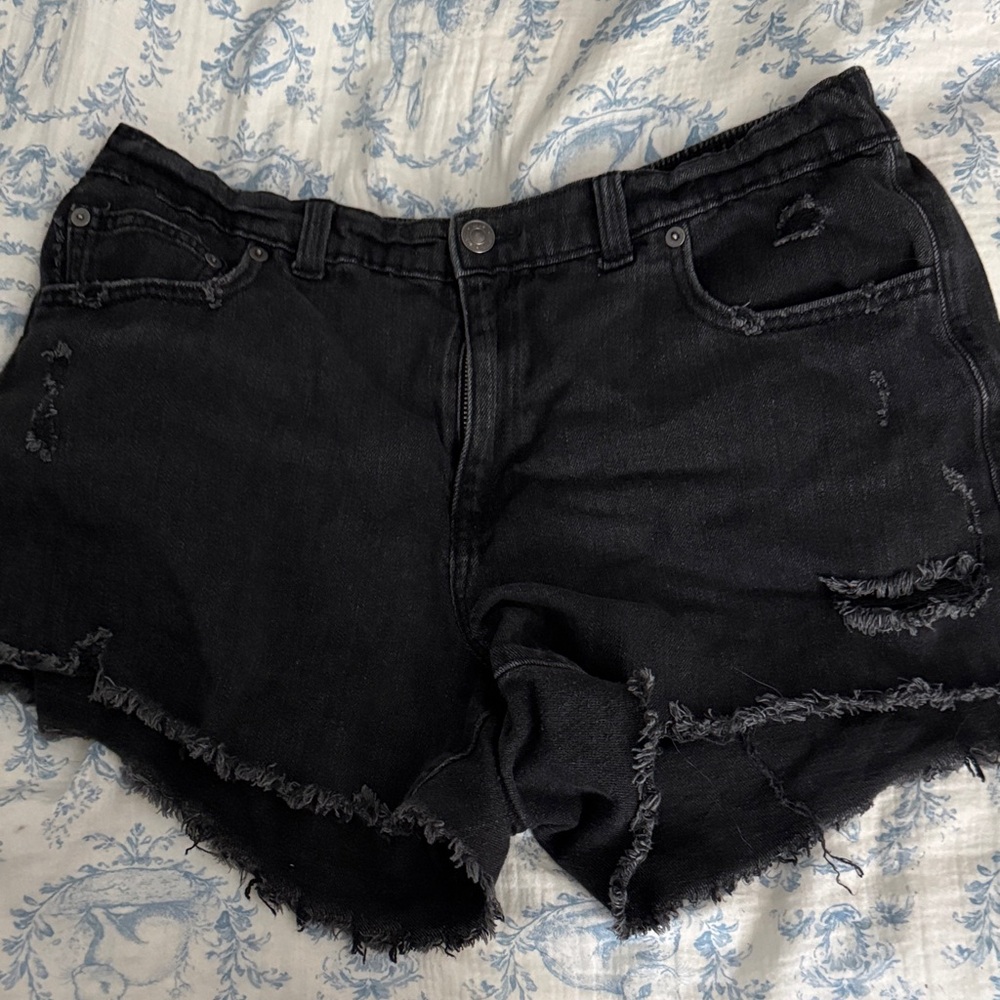 aerie Black Distressed Jean Shorts with Frayed Hem